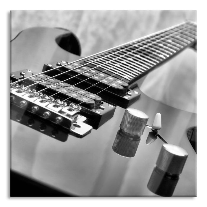 Black Guitar, Nahaufnahme Gitarre,, Glasbild Quadratisch