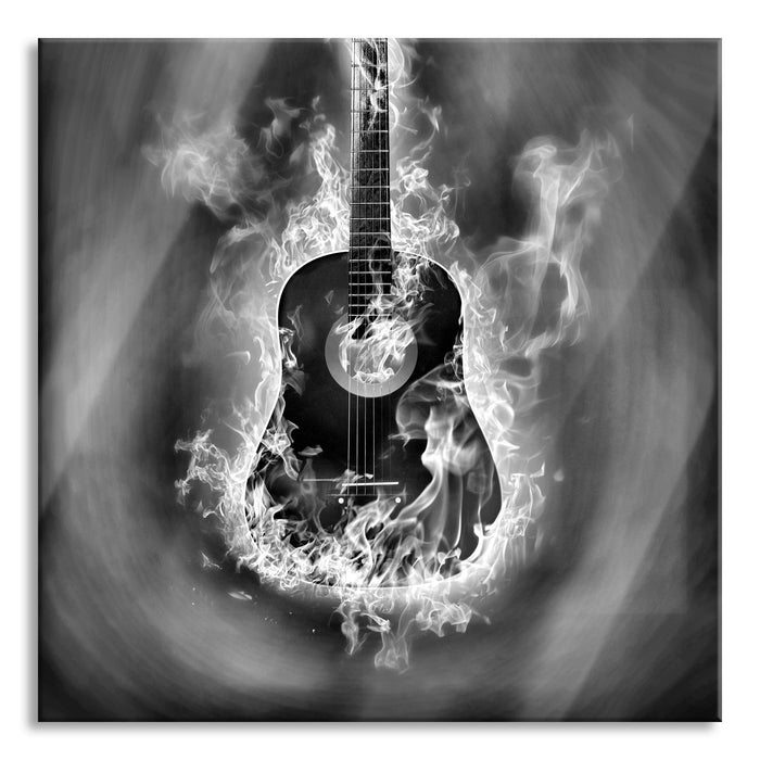 Brennende Gitarre, Heiße Flammen, Glasbild Quadratisch