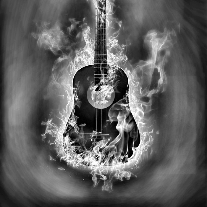 Brennende Gitarre, Heiße Flammen, Glasbild Quadratisch