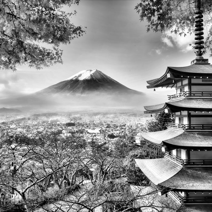 Japanischer Tempel im Herbst, Glasbild Quadratisch