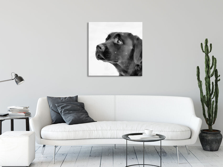 Schwarzer Labrador im Schnee, Glasbild Quadratisch