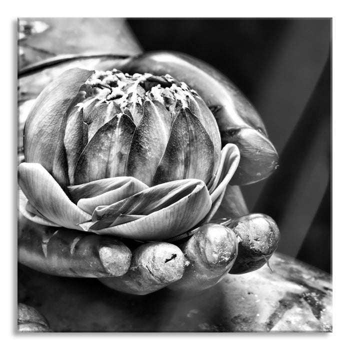 Pixxprint Lotus auf der Hand eines Buddhas, Glasbild Quadratisch