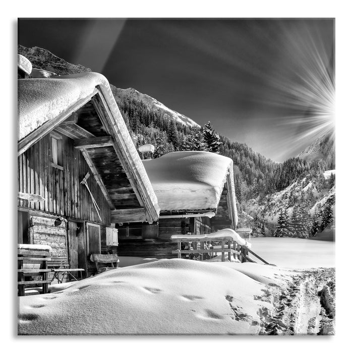 Verschneite Alpenhütte, Glasbild Quadratisch