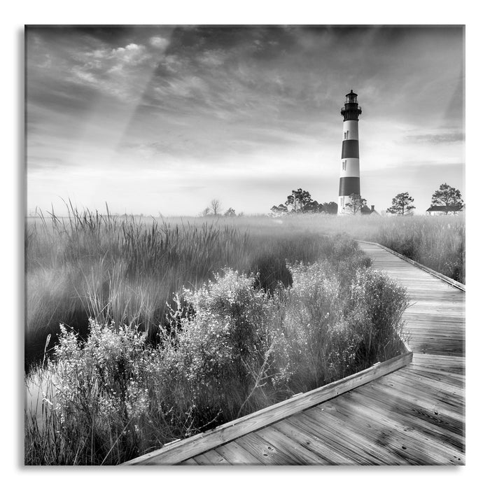 Leuchtturm im Nebel, Glasbild Quadratisch