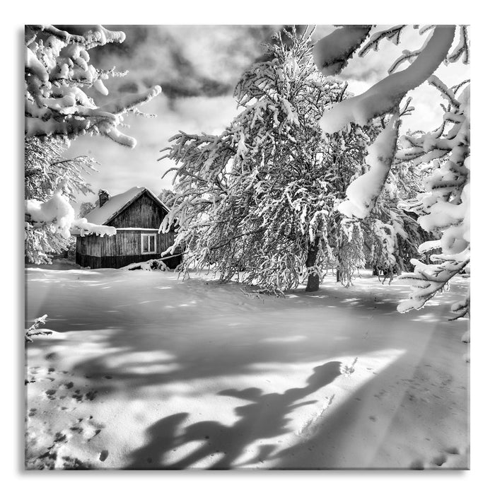 Winterlandschaft mit Hütte, Glasbild Quadratisch