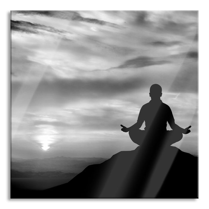 Meditation im Sonnenuntergang, Glasbild Quadratisch
