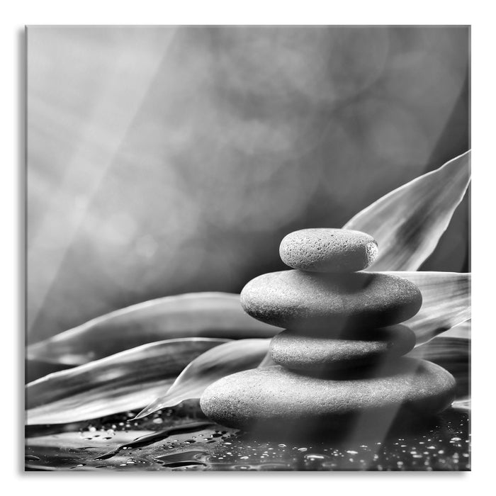 Zen Steine mit Blättern, Glasbild Quadratisch