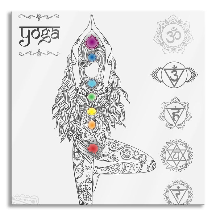Yogafigur in der Tree Pose, Glasbild Quadratisch