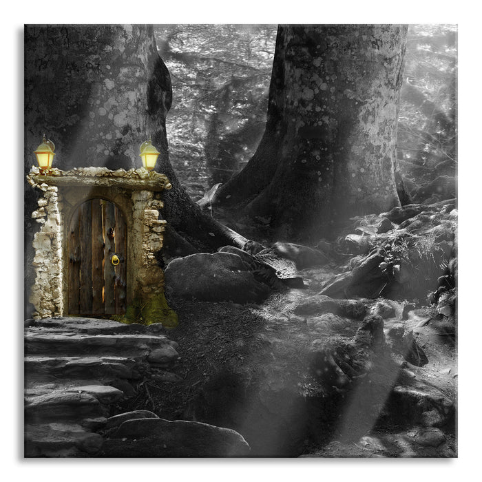 Geheimes Tor im Wald, Glasbild Quadratisch