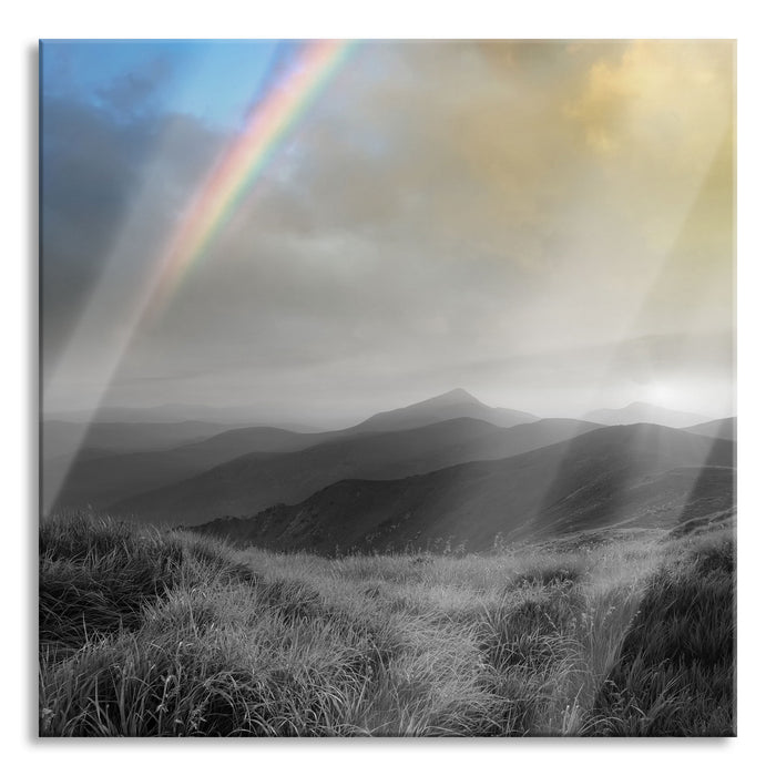 Berge mit Regenbogen am Himmel, Glasbild Quadratisch