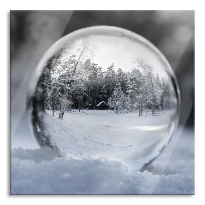 Eiskugel Winterlandschaft, Glasbild Quadratisch