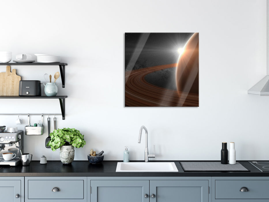 Planet Saturn im Weltall, Glasbild Quadratisch