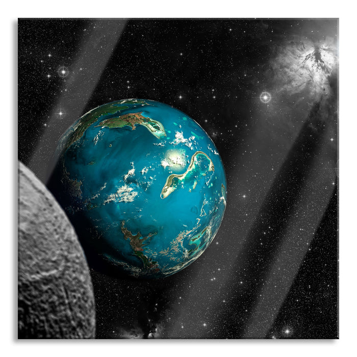Planet Erde im Kosmos, Glasbild Quadratisch