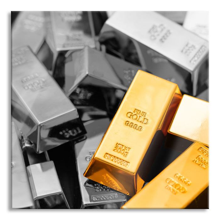 Pixxprint Menge an Goldbarren, Glasbild Quadratisch
