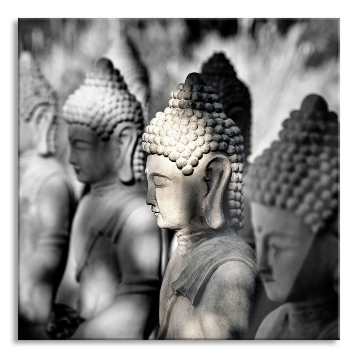 Buddha-Statuen in einer Reihe, Glasbild Quadratisch