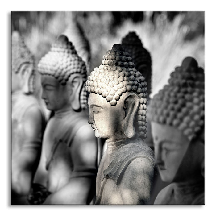 Pixxprint Buddha-Statuen in einer Reihe, Glasbild Quadratisch