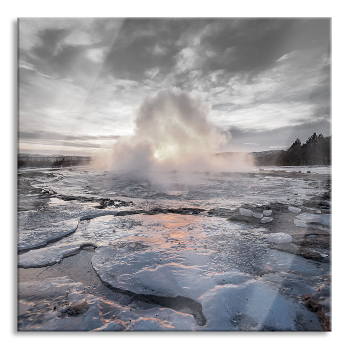 Pixxprint Heiße Quelle in Island, Glasbild Quadratisch
