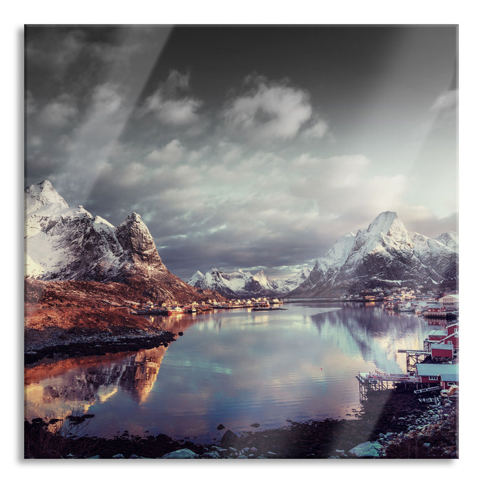 Schneelandschaft in Norwegen, Glasbild Quadratisch