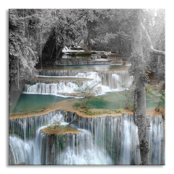 Pixxprint Wasserfall im Regenwald, Glasbild Quadratisch