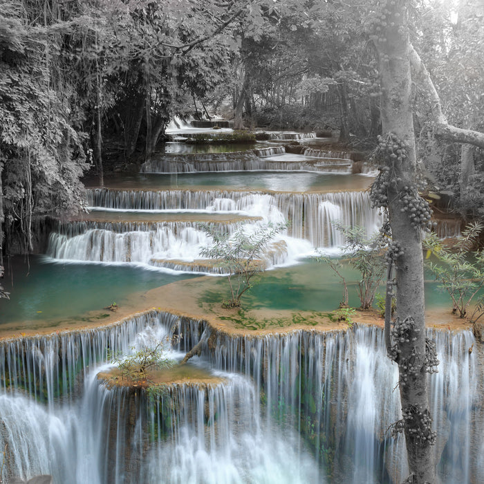 Wasserfall im Regenwald, Glasbild Quadratisch
