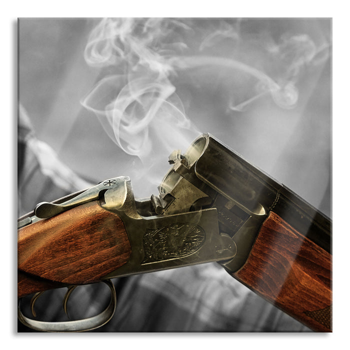 Pixxprint Jagdgewehr nach dem Brand, Glasbild Quadratisch
