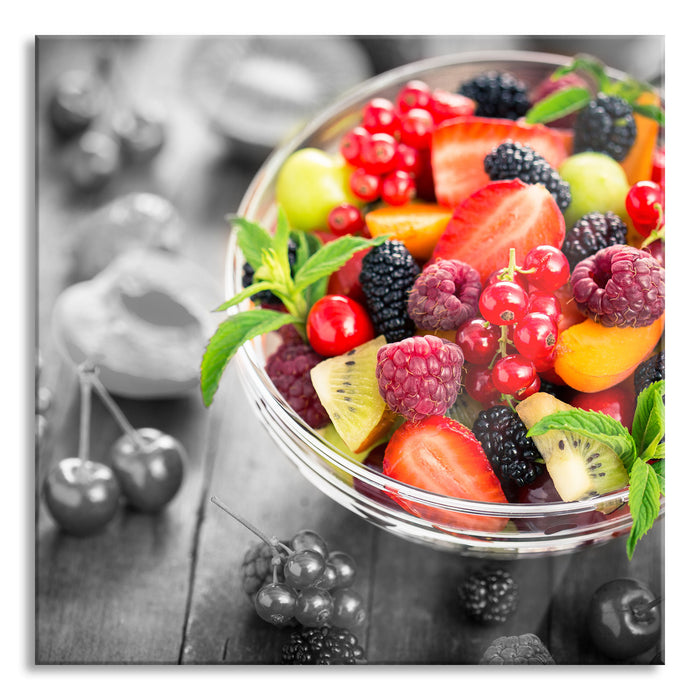 Pixxprint Obstsalat in der Schüssel, Glasbild Quadratisch