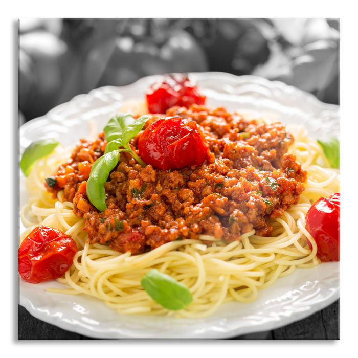 Spaghetti Bolognese auf dem Teller, Glasbild Quadratisch