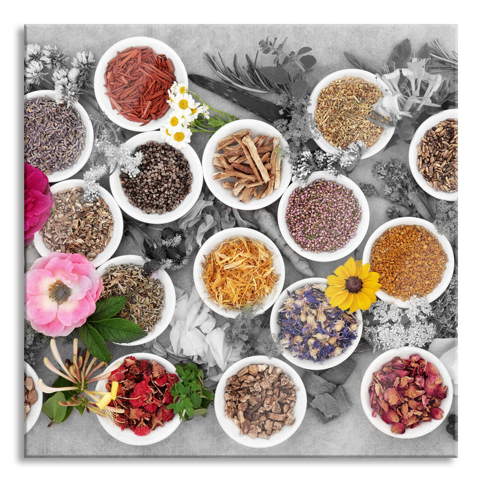 Pixxprint Heilende Kräuter und Blumen, Glasbild Quadratisch