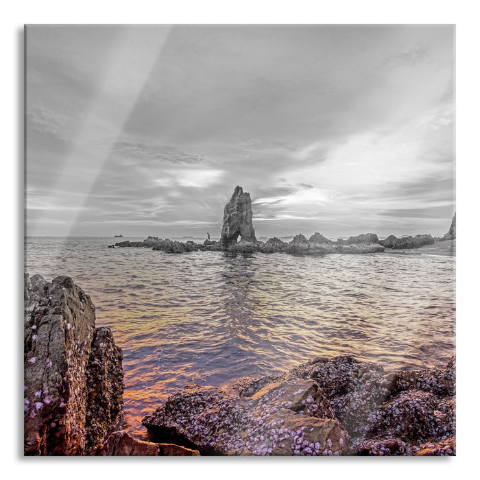 Pixxprint Küstenlinie mit Sonnenuntergang, Glasbild Quadratisch