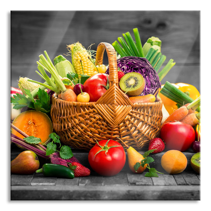 Frisches Obst und Gemüse im Korb, Glasbild Quadratisch