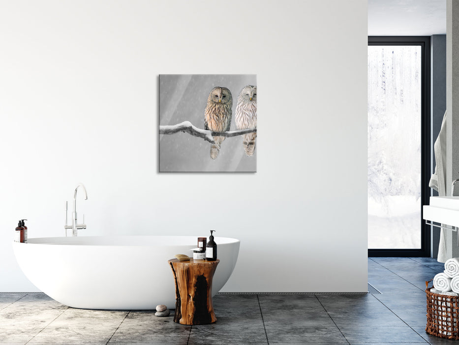 Zwei Eulen in Winterlandschaft, Glasbild Quadratisch