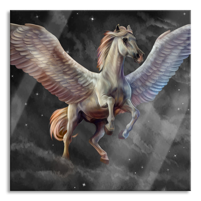 Pixxprint Weißer Pegasus mit Engelsflügel, Glasbild Quadratisch