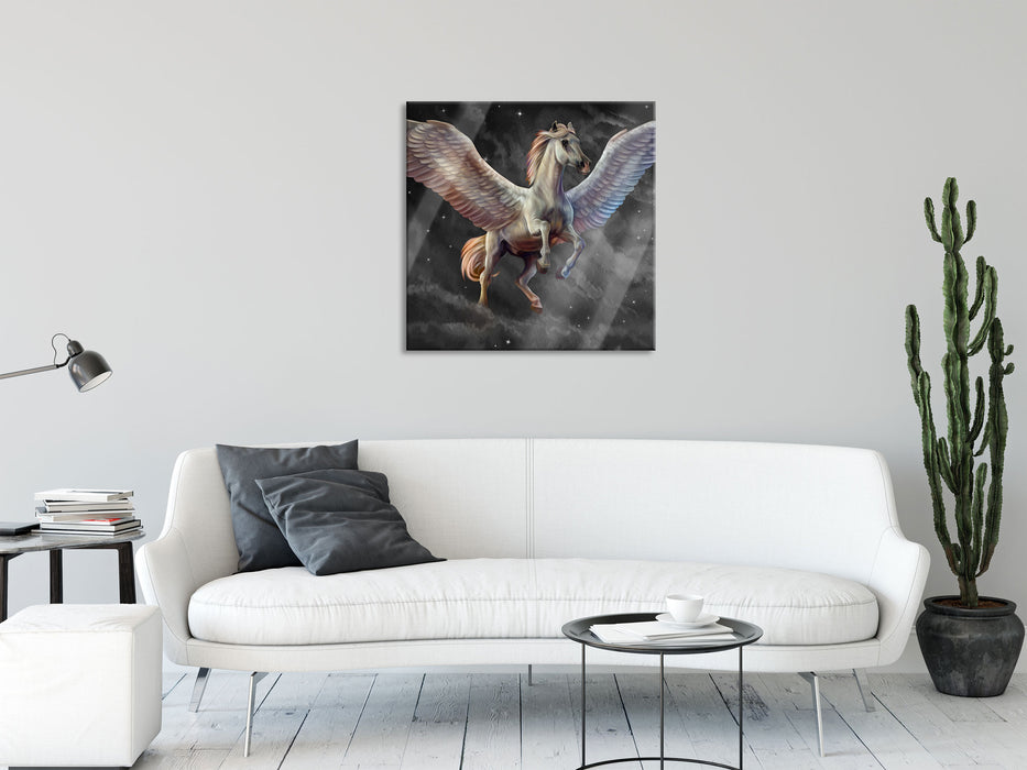 Weißer Pegasus mit Engelsflügel, Glasbild Quadratisch