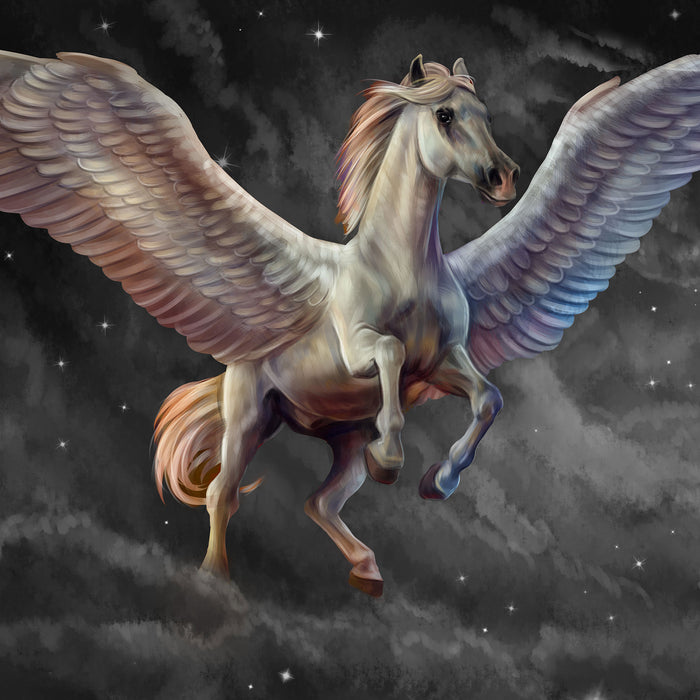 Weißer Pegasus mit Engelsflügel, Glasbild Quadratisch