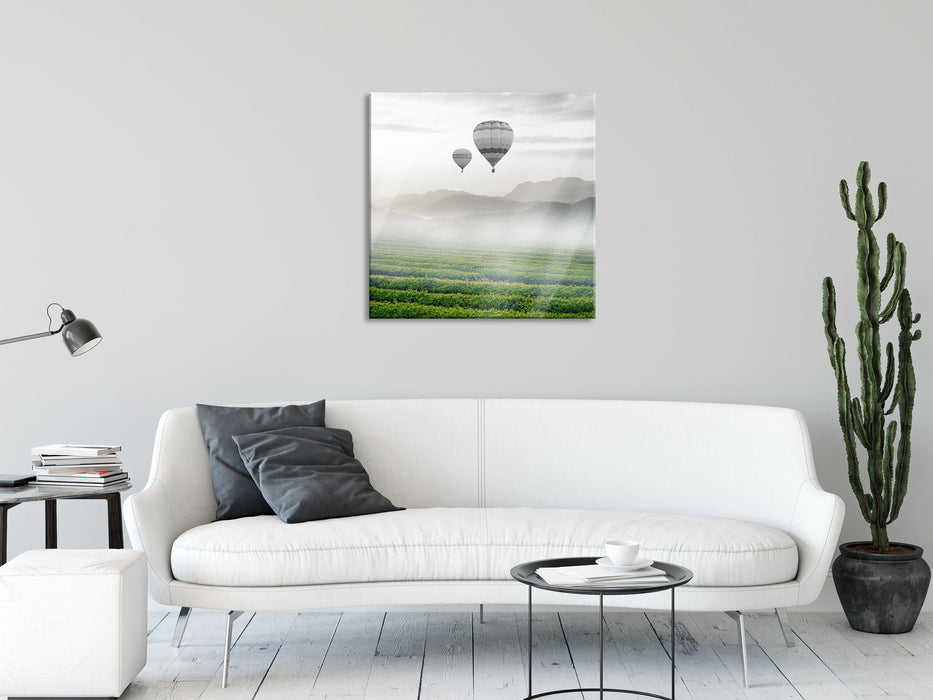 Heißluftballon Landschaft, Glasbild Quadratisch