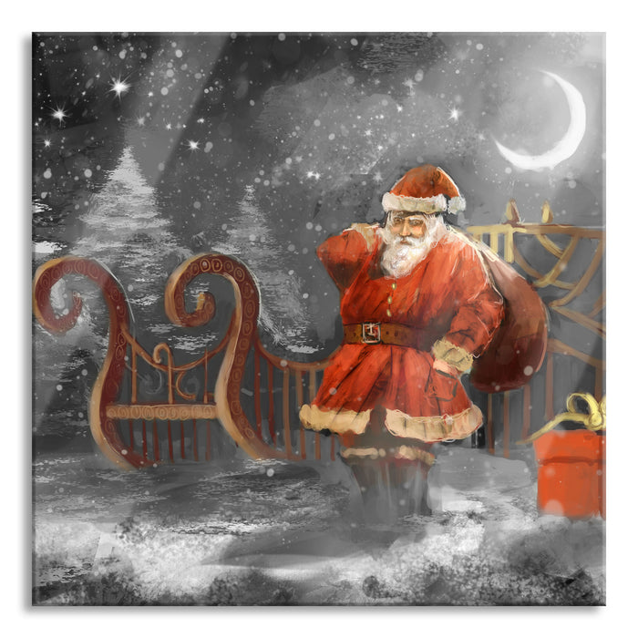 Weihnachtsmann mit Geschenken, Glasbild Quadratisch