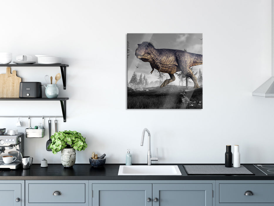 T-Rex Dinosaurier in der Natur, Glasbild Quadratisch