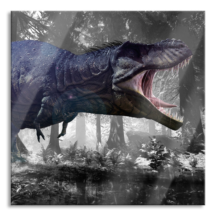 Pixxprint T-Rex Dinosaurier im Wald, Glasbild Quadratisch