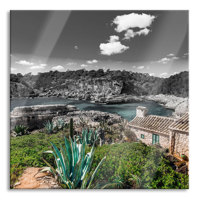 Pixxprint Ferienhaus an der spanischen Küste, Glasbild Quadratisch