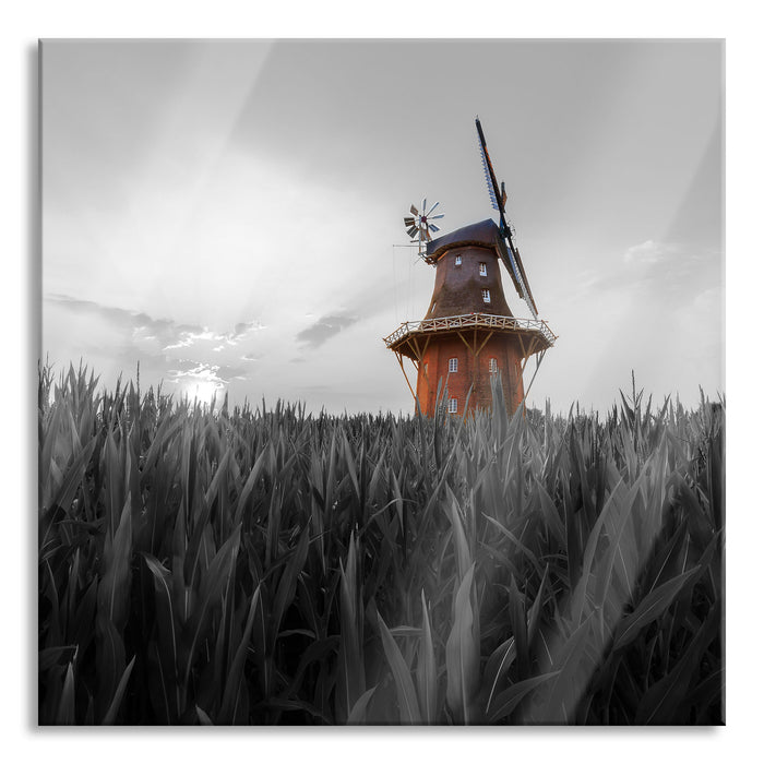 schöne Windmühle auf dem Feld, Glasbild Quadratisch