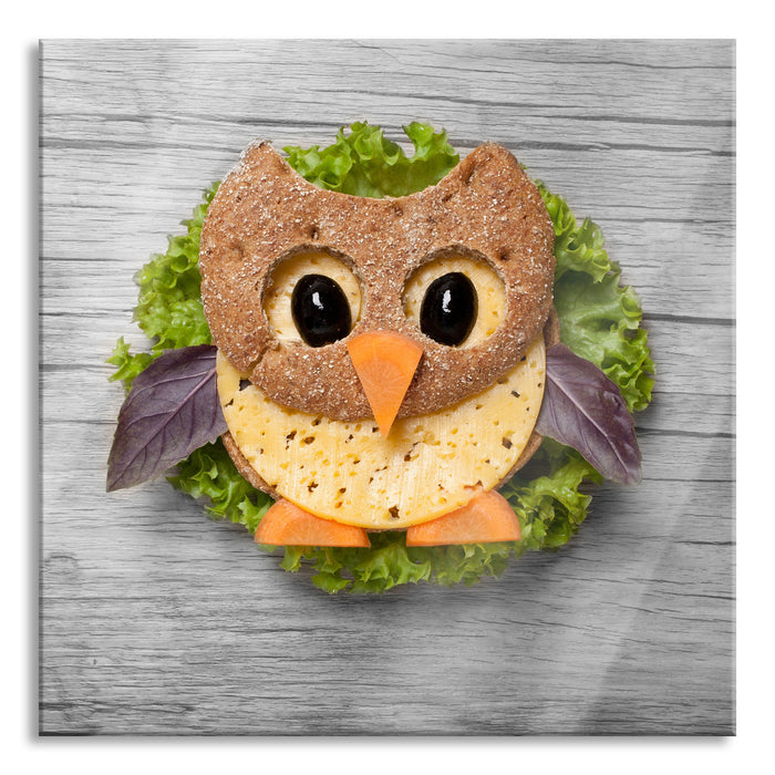 Pixxprint das lustige Eulen Sandwich, Glasbild Quadratisch