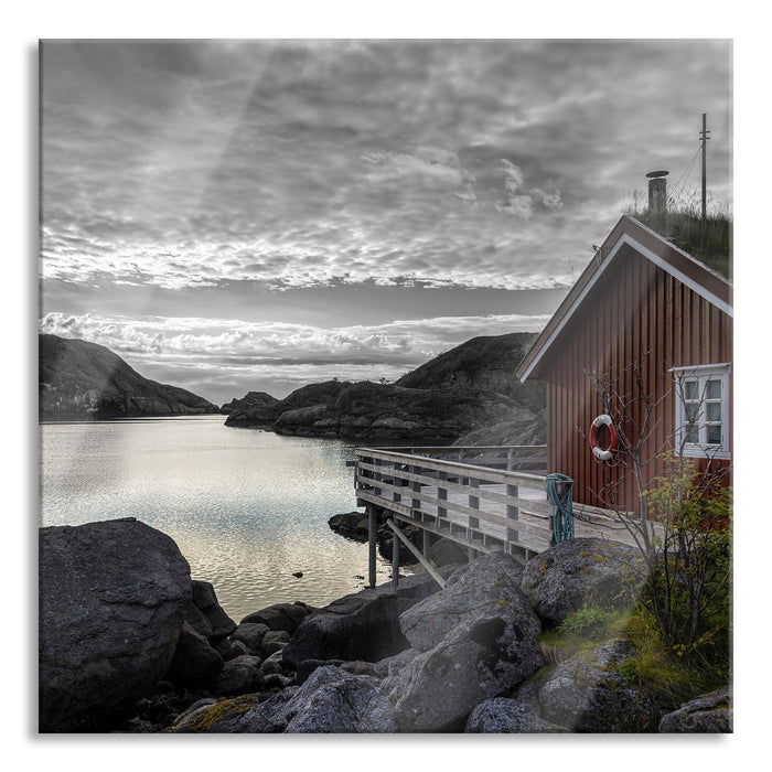 Sonnenaufgang am Fjord Norwegens, Glasbild Quadratisch