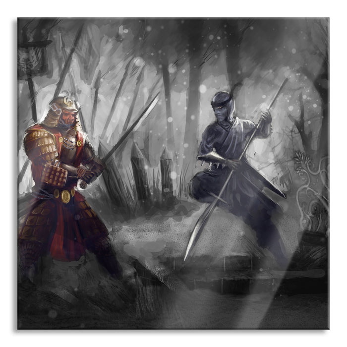 Kampf zwischen Samurai und Ninja, Glasbild Quadratisch