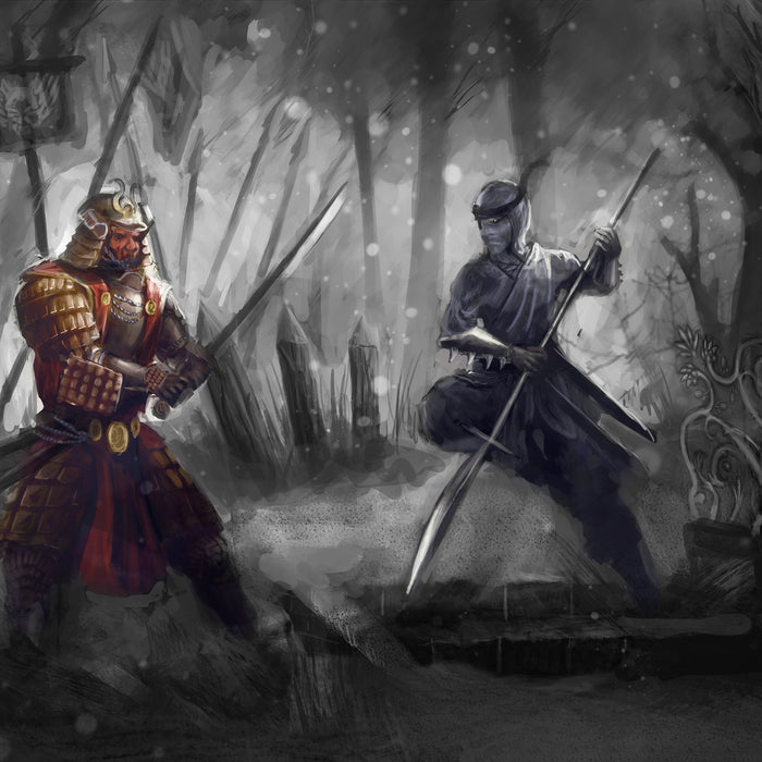 Kampf zwischen Samurai und Ninja, Glasbild Quadratisch