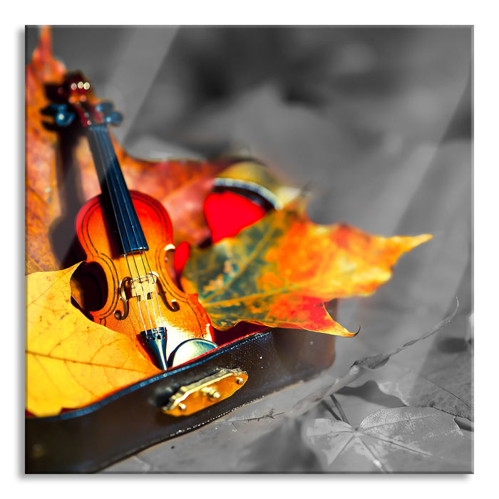 Violine umgeben von Blättern, Glasbild Quadratisch