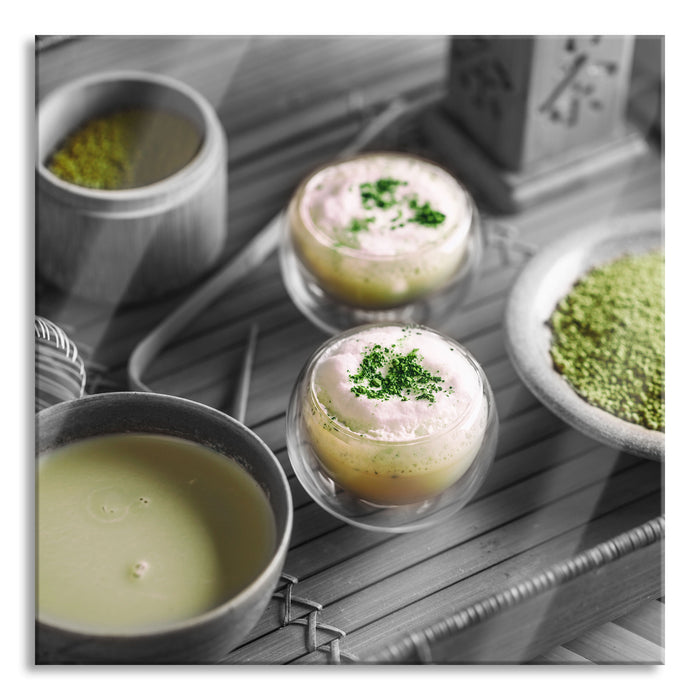 Pixxprint schön dekorierter Matcha Tee, Glasbild Quadratisch