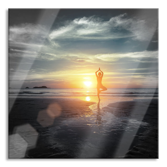 Yoga Silhouette am Strand, Glasbild Quadratisch