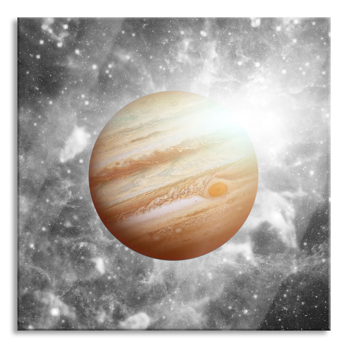 Planet Jupiter im Universum, Glasbild Quadratisch