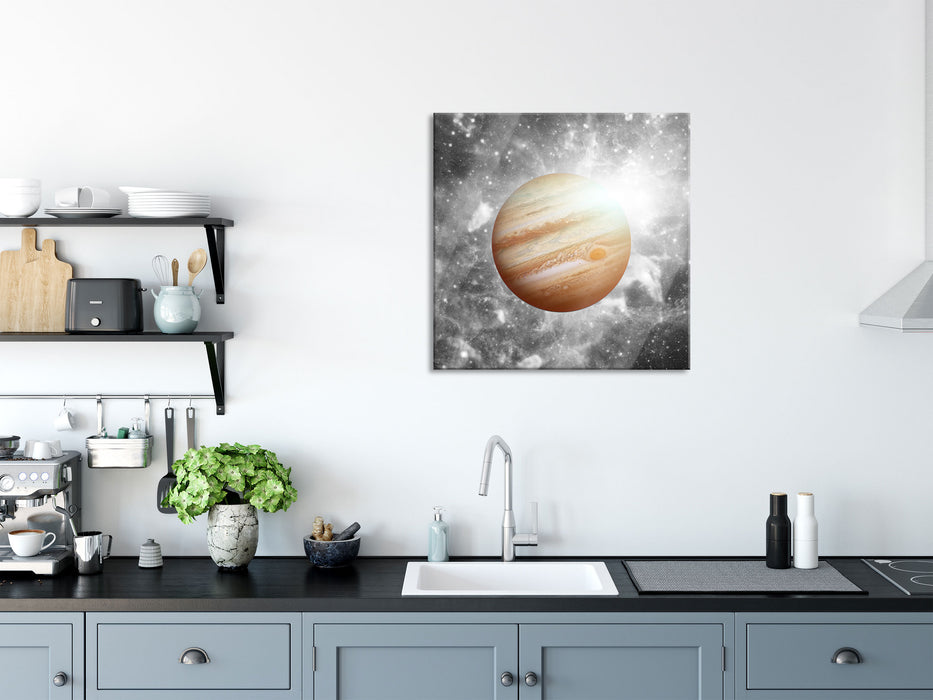 Planet Jupiter im Universum, Glasbild Quadratisch