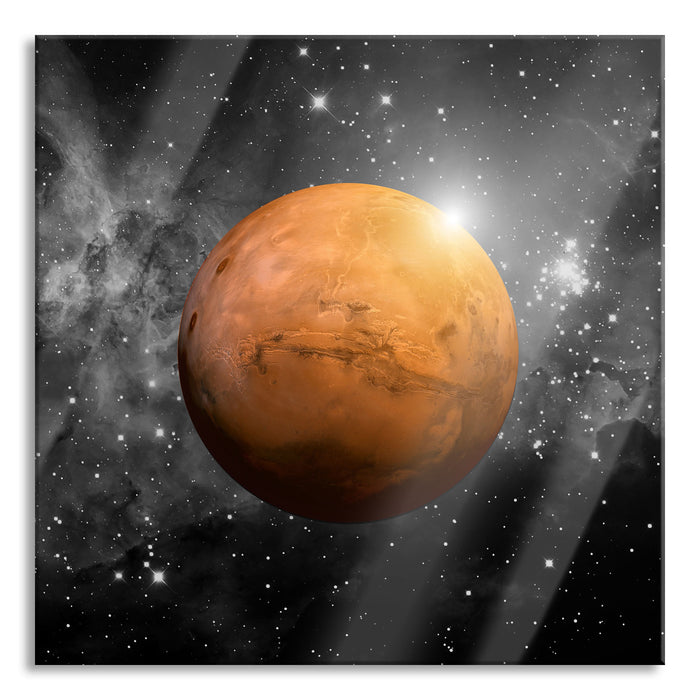 Planet Mars im Universum, Glasbild Quadratisch